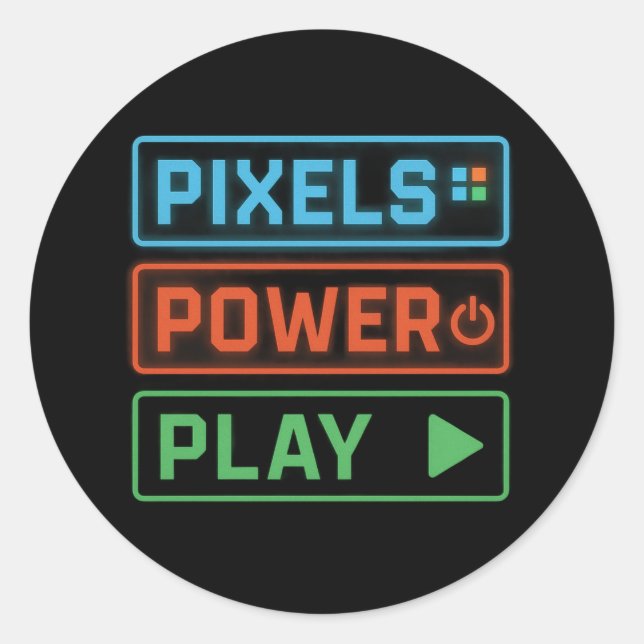 Gaming-Aufkleber – Pixels Power Play Gamer-Decals Runder Aufkleber (Vorderseite)