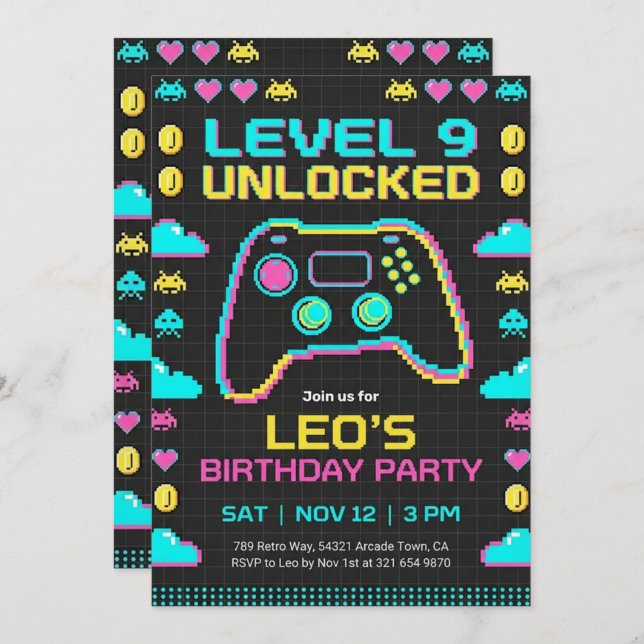 Gaming Birthday Invitation Retro Pixel Gamer Einladung (Vorne/Hinten)