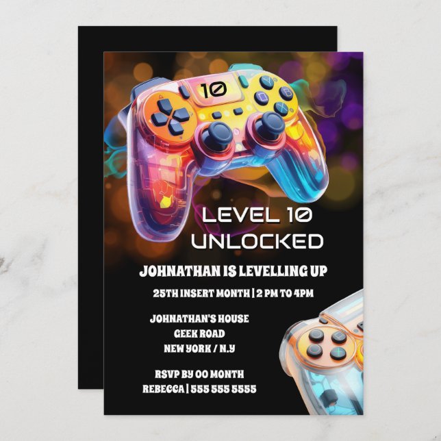 Gaming-Controller Orange Black Neon Gamer Party Einladung (Vorne/Hinten)