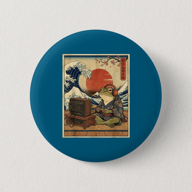 Gaming Frog Art Ukiyo-e Japanese Gamer Anime Men W Button (Vorderseite)