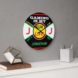 Gaming Fun Life Room Name Schwarz Gelb Grün Große Wanduhr