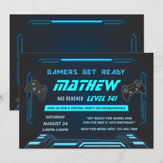 Gaming Gamer Blue Virtual Birthday Party Einladung (Vorne/Hinten)