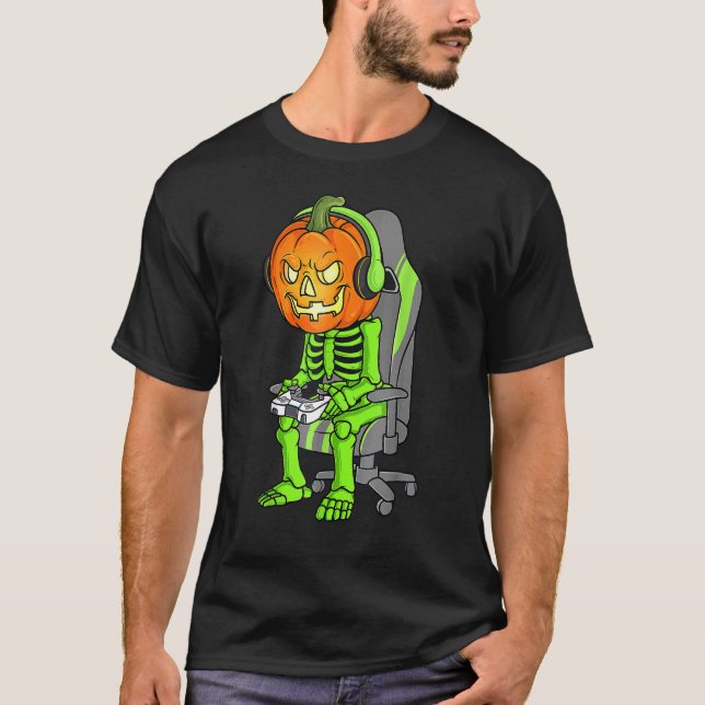 Gaming Halloween Skeleton Kürbislaterne Gamer Boy T-Shirt (Vorderseite)