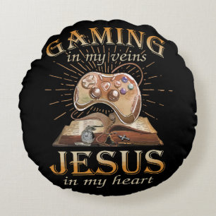 Gaming in meinen Adern Jesus in meinem Herzen Rundes Kissen