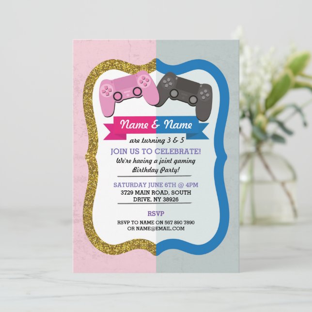 Gaming Joint Boy Girl Pink Blue Birthday Einladung (Stehend Vorderseite)