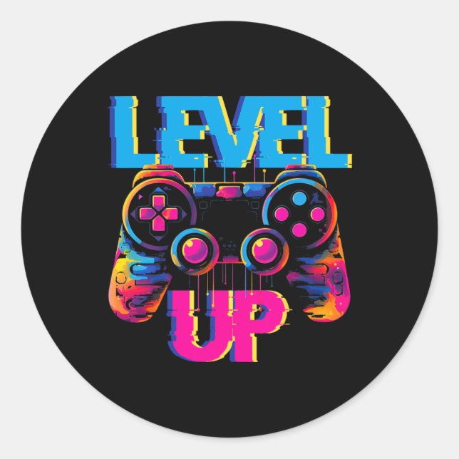 Gaming Level Up Game Controller Videospiel Pop Art Runder Aufkleber (Vorderseite)