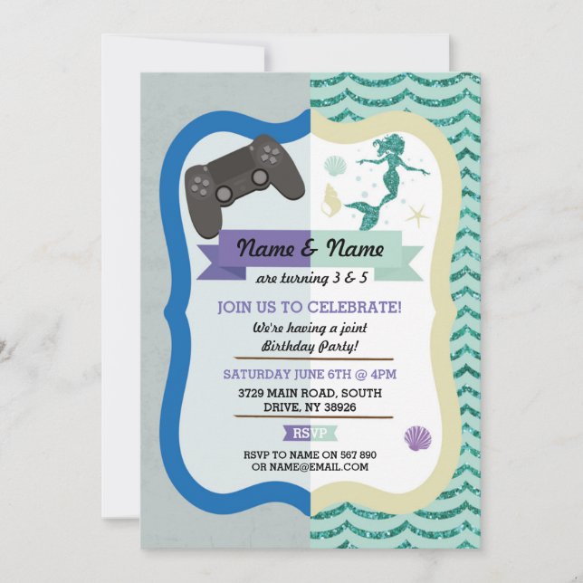 Gaming & Mermaid Joint Boy Girl Birthday Invites Einladung (Vorderseite)