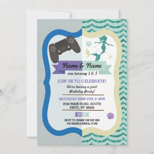 Gaming & Mermaid Joint Boy Girl Birthday Invites Einladung