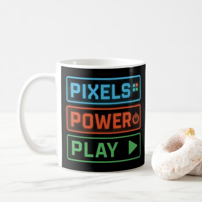 Gaming-Mug – Pixels Power Play Neon-Kaffeetasse Kaffeetasse (Mit Donut)