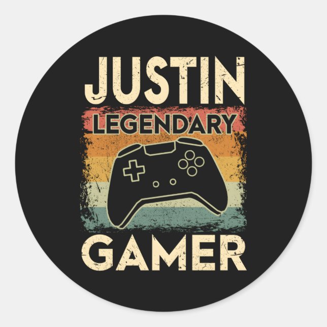 Gaming Personalisierter Name Justin Legendary Game Runder Aufkleber (Vorderseite)