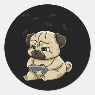 Gaming Pug Pew Gamepad Süße Hütte Runder Aufkleber