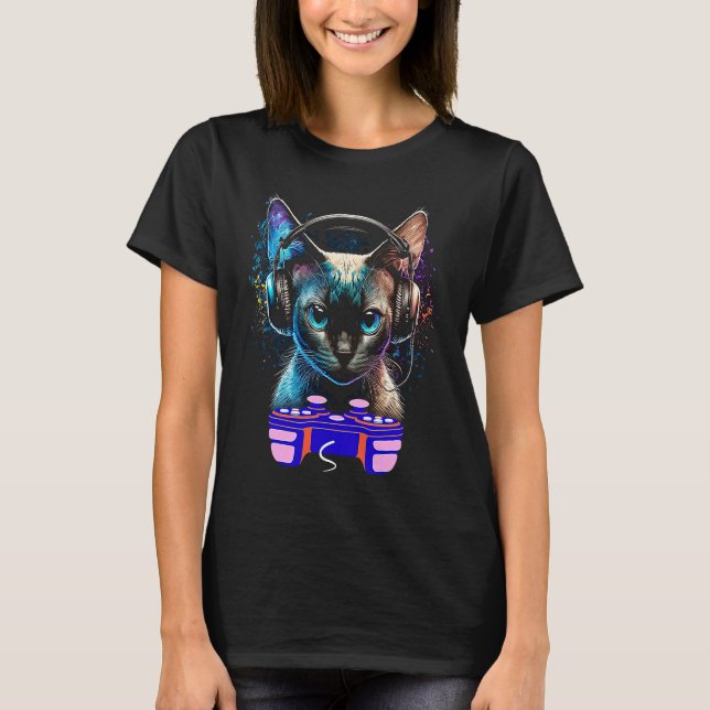 Gaming Siamese Cat Player Animal Video Gamer Männe T-Shirt (Vorderseite)