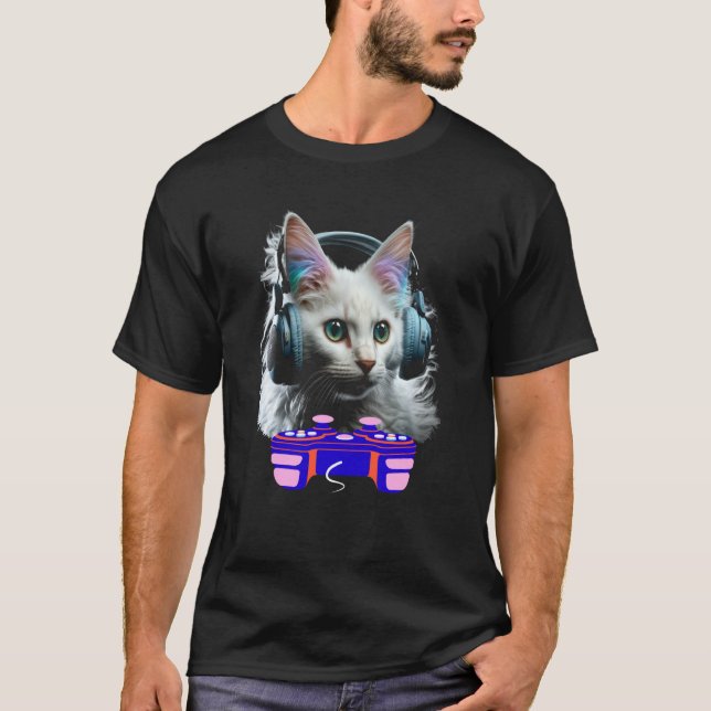 Gaming Turkish Angora Cat Player Animal Video Game T-Shirt (Vorderseite)