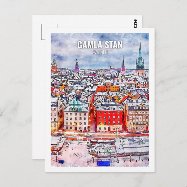 Gamla Stan Schweden Berühmte Wasserfarbskizze für  Postkarte (Vorne/Hinten)