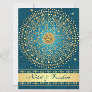 Ganesh Aquamarin Gold Scrolls Wedding Einladung LA