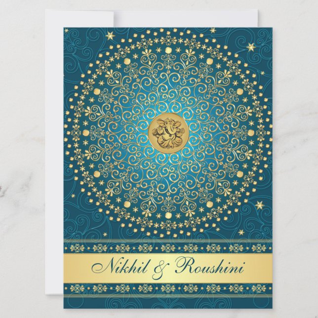 Ganesh Aquamarin Gold Scrolls Wedding Einladung LA (Vorderseite)