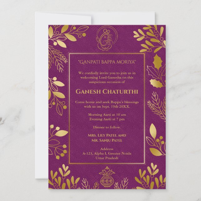 Ganesh Chaturthi Puja Golden Elements Einladung (Vorderseite)