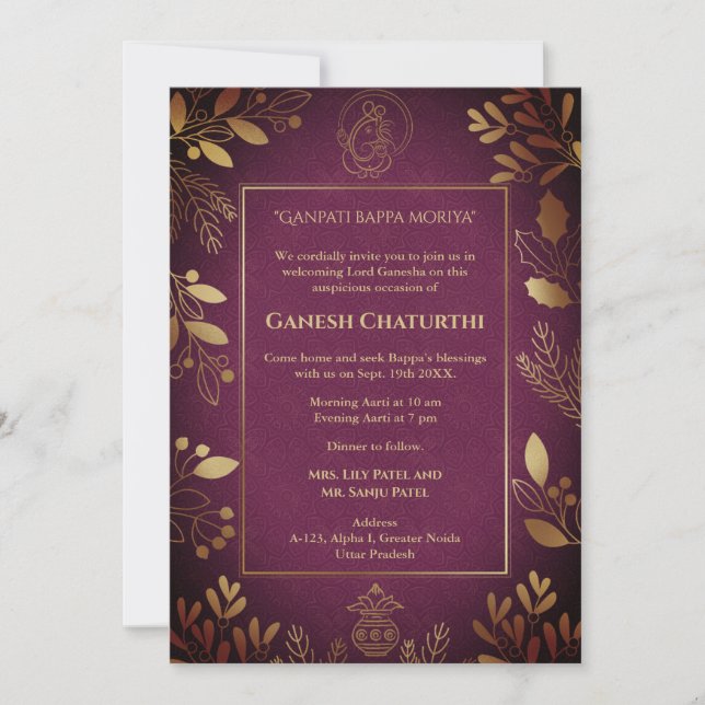 Ganesh Chaturthi Puja Golden Elements Einladung (Vorderseite)