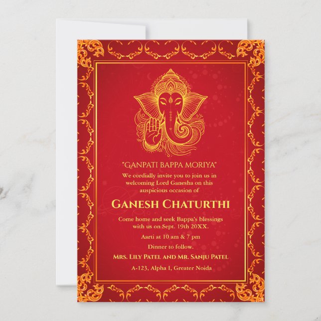 Ganesh Chaturthi Puja Roya Golden Elements Einladung (Vorderseite)