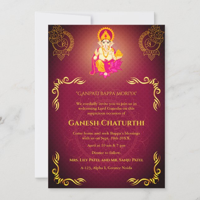 Ganesh Chaturthi Puja Roya Golden Elements Einladung (Vorderseite)