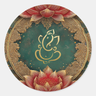 Ganesh Hindu God Wedding | Indian Gold Lotus Green Runder Aufkleber