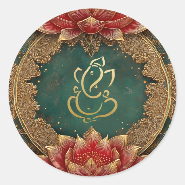 Ganesh Hindu God Wedding | Indian Gold Lotus Green Runder Aufkleber (Vorderseite)