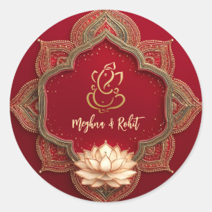 Ganesh Hindu Indische Hochzeit Gold Red Runder Aufkleber