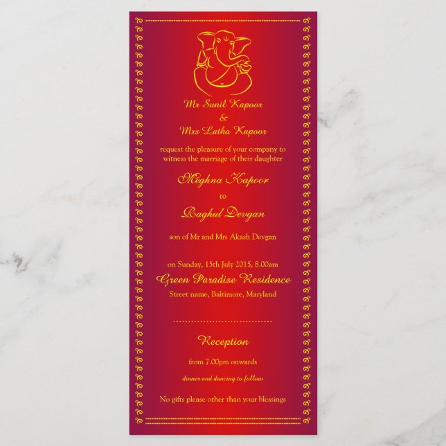 Ganesh | Indischer Gott Red Wedding Rack Cards Programm (Vorderseite)