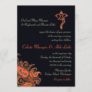 Ganesh Navy Blue Orange Paisley Hindu Wedding Einladung