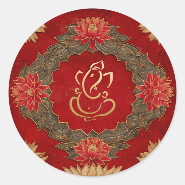 Ganesh Wedding | Indian Wedding Gold Lotus Red Runder Aufkleber (Vorderseite)