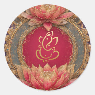 Ganesh Wedding   Indian Wedding Gold Lotus Red Runder Aufkleber
