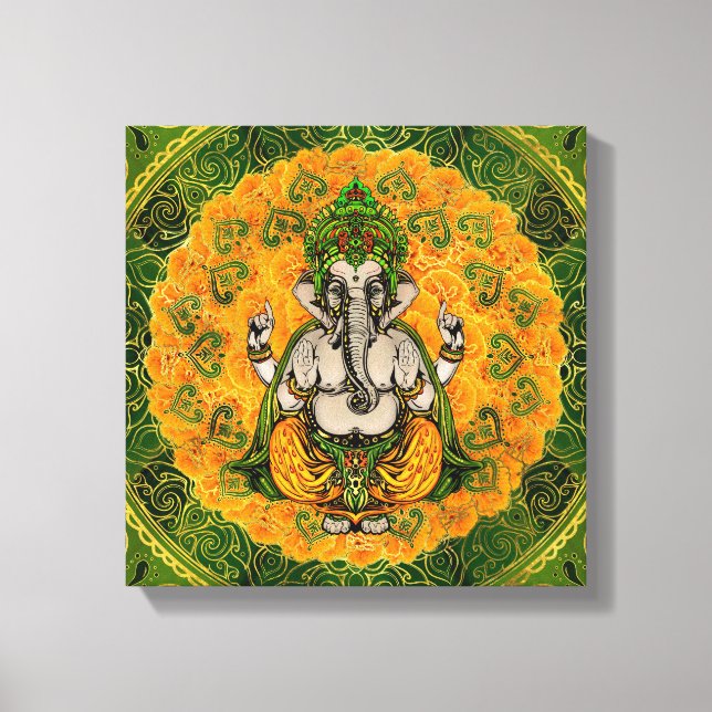 Ganesha in Marigold Blume und Golddekoration Leinwanddruck (Vorderseite)
