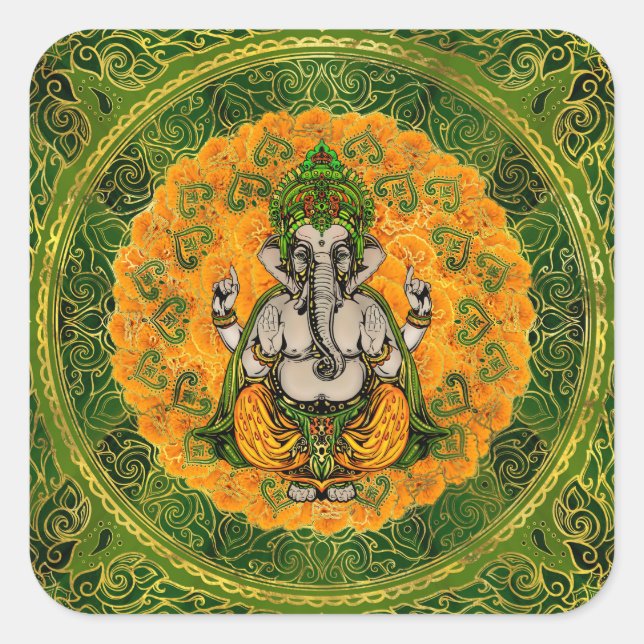 Ganesha in Marigold Blume und Golddekoration Quadratischer Aufkleber (Vorderseite)