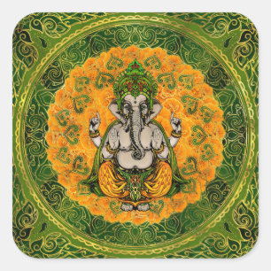 Ganesha in Marigold Blume und Golddekoration Quadratischer Aufkleber