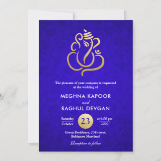 Ganesha/Indian Imitats Gold Foil Blue Damask Hochz Einladung
