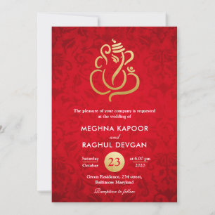 Ganesha/Indian Imitats Gold Foil Red Damask Hochze Einladung