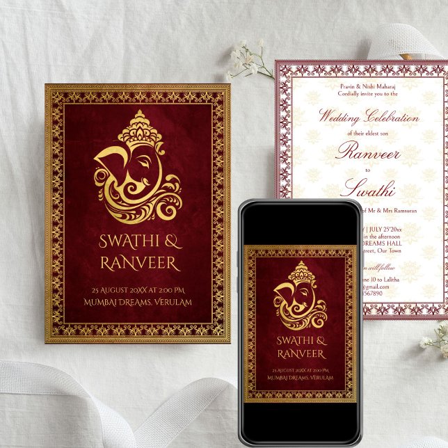 Ganesha Maroon und Goldhochzeit Einladung (Ganesha maroon and gold elegant traditional Indian wedding Invitation cards with RSVP template)