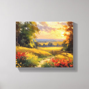 Gang durch ein Feld von Blume bei Sonnenuntergang Leinwanddruck