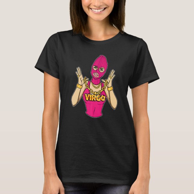 Gangsta Girl Virgo Masked Gangster Frau mit Gold T-Shirt (Vorderseite)