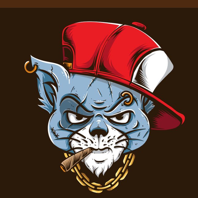 Gangster Cat Puzzle (A cartoon illustration of a blue cat head with an angry expression, wearing a red baseball cap.)