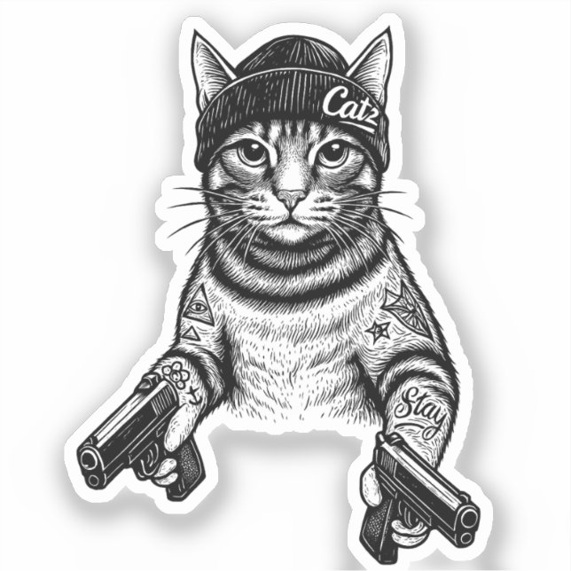 Gangster Cat Tattoo Art | Cool Streetwear Kitty Aufkleber (Vorderseite)