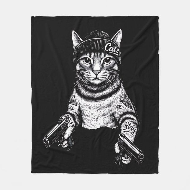 Gangster Cat Tattoo Art | Cool Streetwear Kitty Fleecedecke (Vorderseite)
