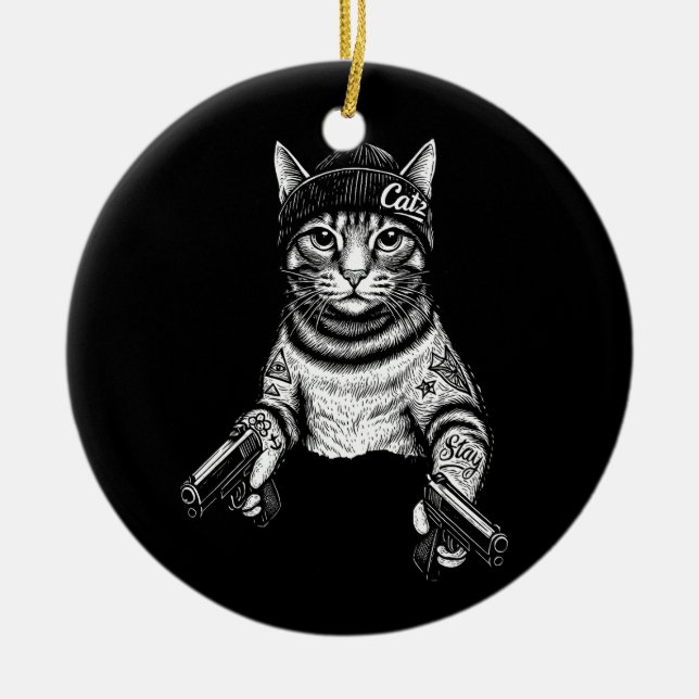 Gangster Cat Tattoo Art | Cool Streetwear Kitty Keramik Ornament (Vorne)