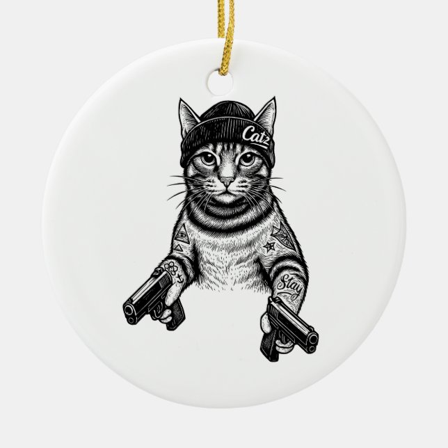 Gangster Cat Tattoo Art | Cool Streetwear Kitty Keramik Ornament (Vorne)
