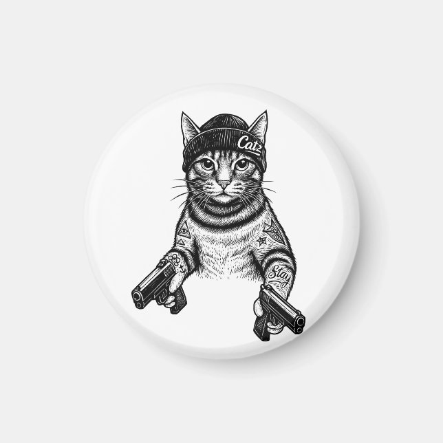 Gangster Cat Tattoo Art | Cool Streetwear Kitty Magnet (Vorne)