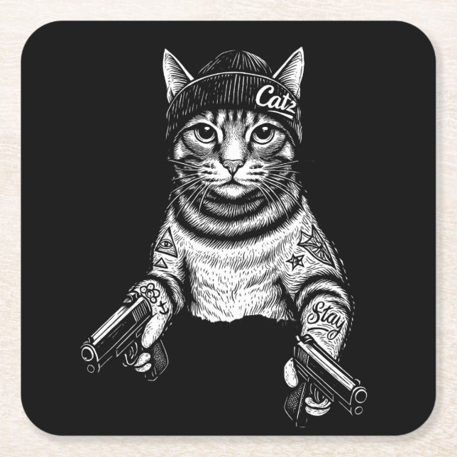 Gangster Cat Tattoo Art | Cool Streetwear Kitty Rechteckiger Pappuntersetzer (Vorderseite)