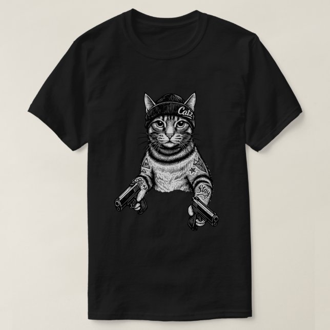 Gangster Cat Tattoo Art | Cool Streetwear Kitty T-Shirt (Design vorne)