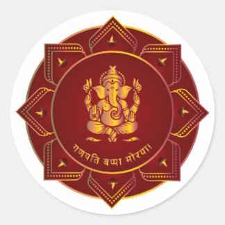 Ganpati Bappa Morya Goldener Ganesha 8 Diya Mandal Runder Aufkleber