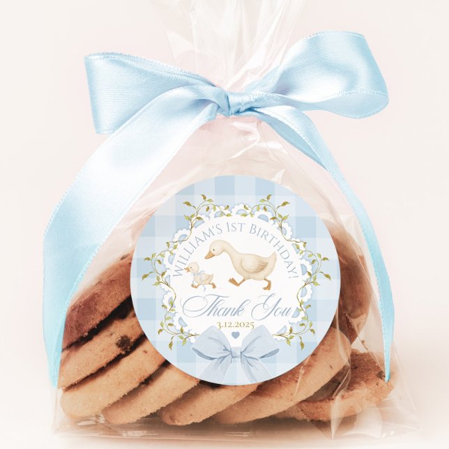 Gans Geburtstag Blau Gingham Danke Runder Aufkleber (Von Creator hochgeladen)
