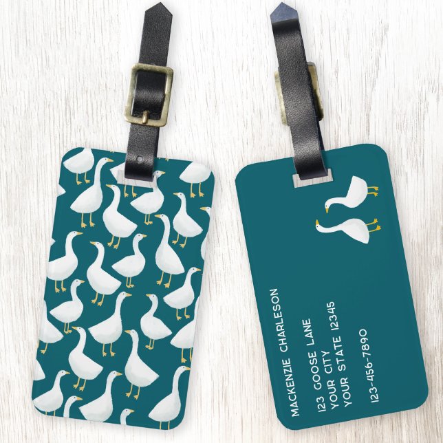 Gans-Vogel-Muster Türkisgrün Gepäckanhänger (Goose geese art custom text luggage tag in teal green)